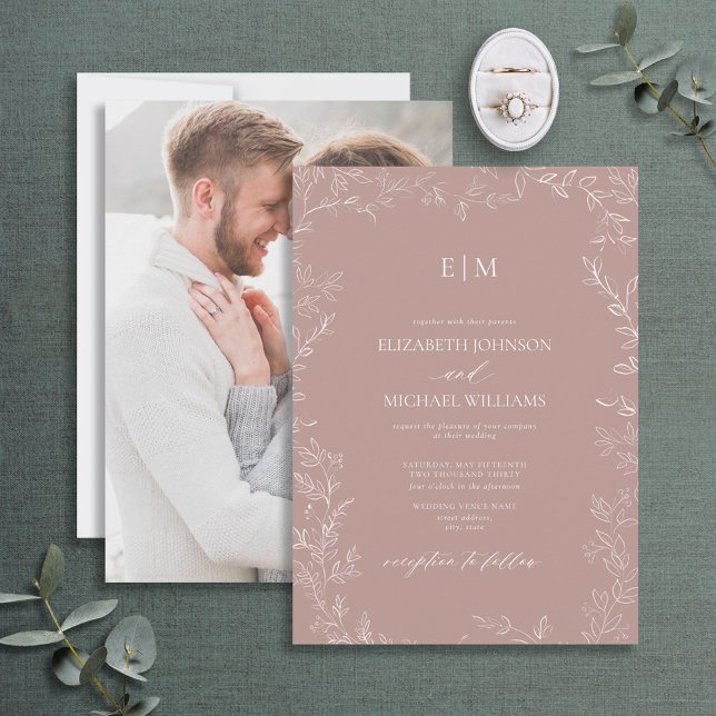 Elegant Dusty Ro Löv Photo Monogram Bröllop Inbjudningar (Skapare uppladdad)