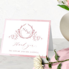 Elegant Dusty Ro Monogram, Watercolor Bröllop Tack Kort