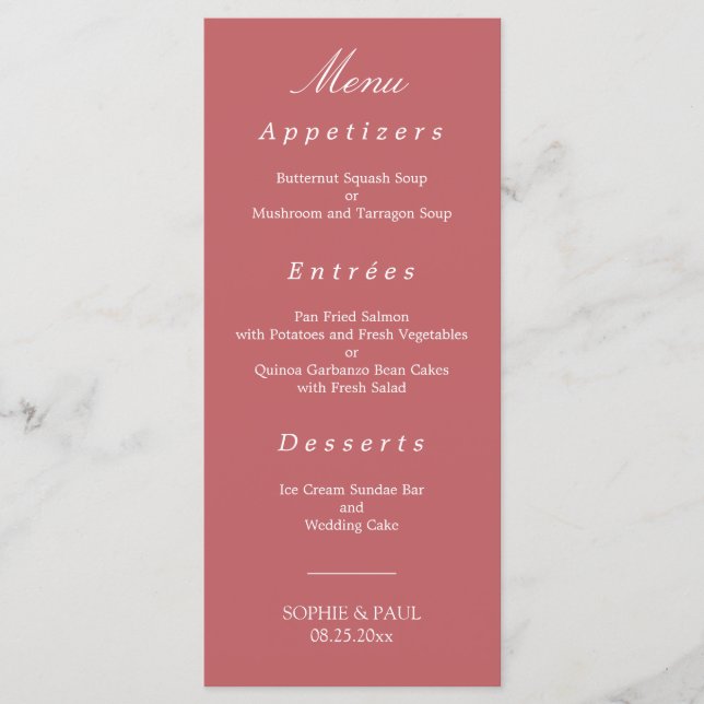 Elegant Dusty Ro Rosa Bröllop Menu Meny (Framsida)