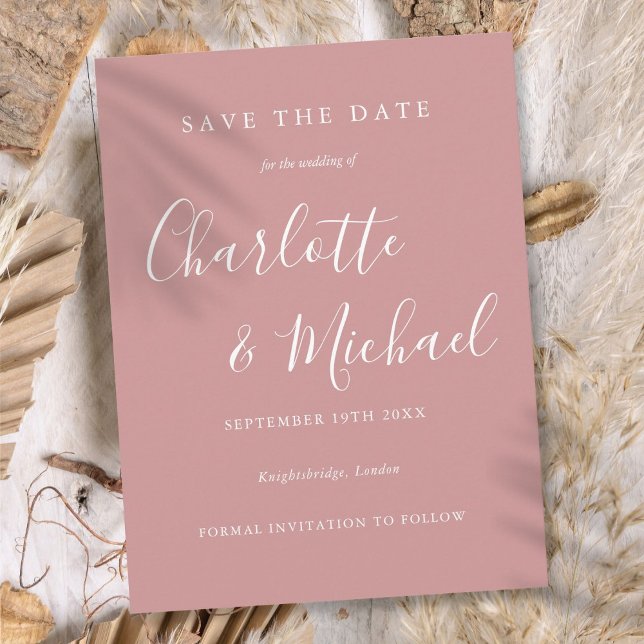 Elegant Dusty Ro-skript Bröllop spara datum Vykort (Elegant Dusty Rose Script Wedding Save the Date Postcard)