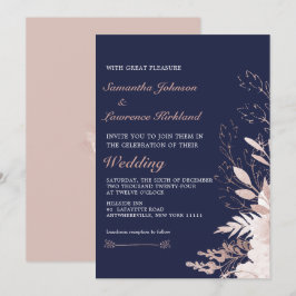 Elegant Dusty Ro White Blommigt Navy Blue Bröllop Inbjudningar