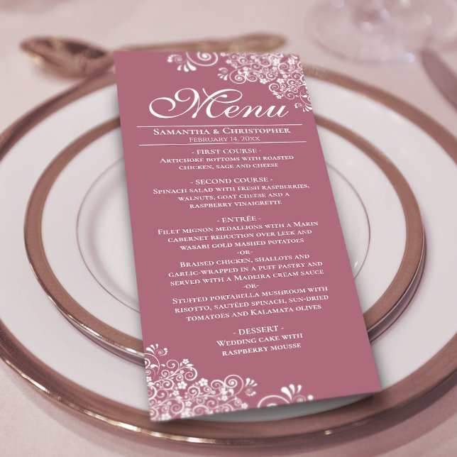 Elegant Dusty Ro & White Frilly Corners Bröllop Meny (On Plate)