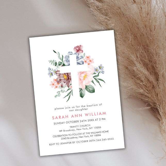 Elegant Dusty Rosa Blommigt Eucalyptus Kor Baptism Inbjudningar (Elegant Dusty Pink Floral Eucalyptus Cross Baptism Invitation)