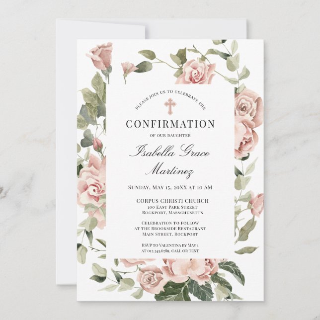 Elegant Dusty Rosa Blommigt Kor Bekräftelse Inbjudningar (Framsida)