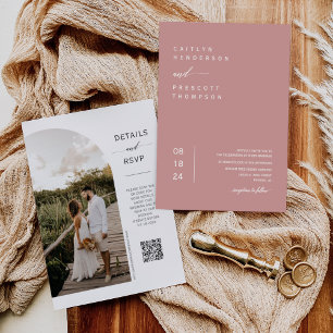 Elegant Dusty Rosa Boho Arch Photo QR Code Bröllop Inbjudningar