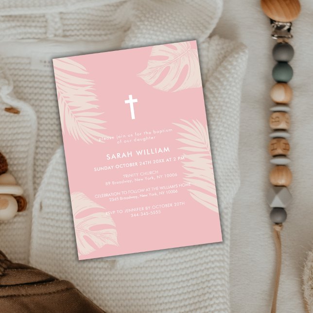 Elegant Dusty Rosa Boho Löv Kor Baptism Inbjudningar (Elegant Dusty Pink Boho Leave Gold Cross Baptism Invitation)