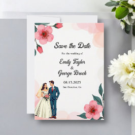 Elegant Dusty Rosa Bride and Groom Blommigt Bröllo Spara Datumet