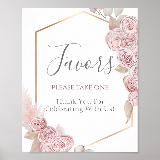 Elegant Dusty Rosa Flowers Guld Wedding Favor Sign Poster (Framsidan)