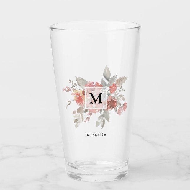 Elegant Dusty Rosa Grått Flower Monogram Glaskopp (Framsida)