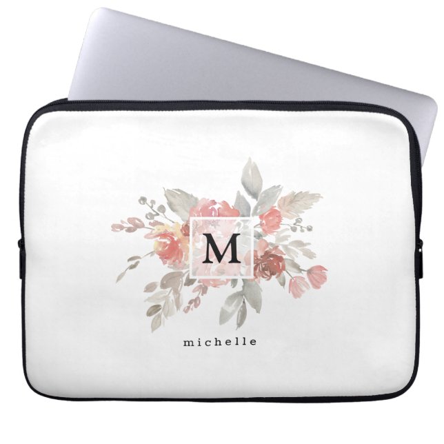 Elegant Dusty Rosa Grått Flower Monogram Laptop Fodral (Framsidan)