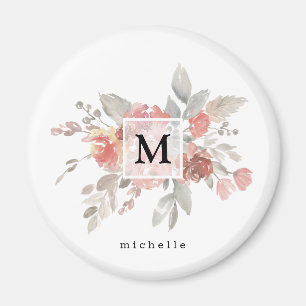 Elegant Dusty Rosa Grått Flower Monogram Magnet