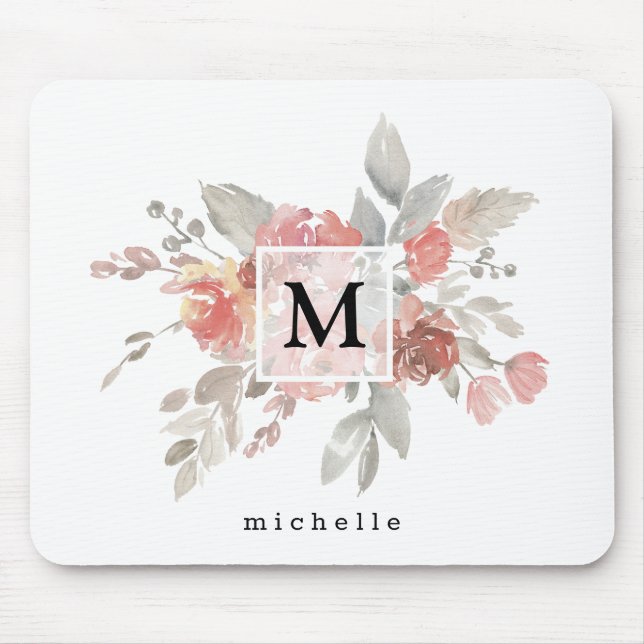 Elegant Dusty Rosa Grått Flower Monogram Musmatta (Framsidan)