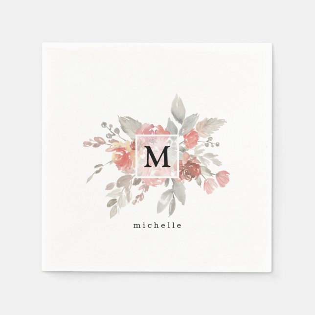Elegant Dusty Rosa Grått Flower Monogram Pappersservett (Framsidan)