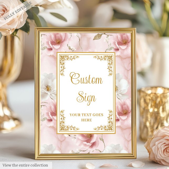 Elegant Dusty Rosa Guld Blommigt Bröllop Anpassnin Poster (Elegant Dusty Pink Gold Floral Wedding Custom Sign

)