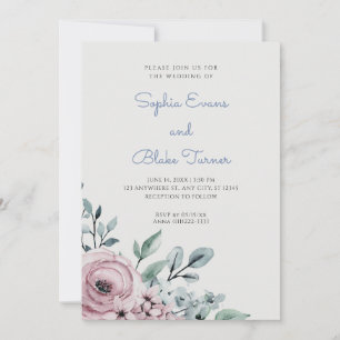 Elegant Dusty Rosa och Blue Blommigt Grönt Bröllop Inbjudningar