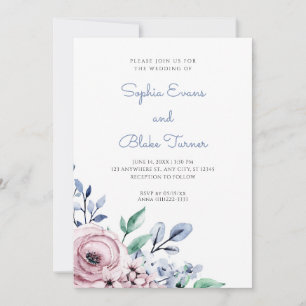 Elegant Dusty Rosa och Blue Blommigt White Bröllop Inbjudningar