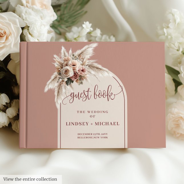 Elegant Dusty Rosa Pampas Ro Boho Arch Bröllop Gästböcker (Elegant Dusty Pink Pampas Roses Boho Arch Guest Book)