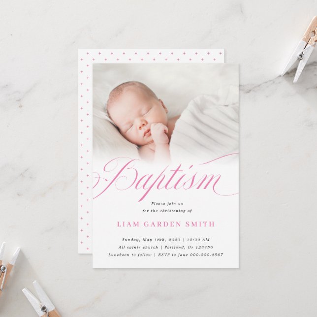 Elegant Dusty Rosa Pastel Script Baptism Photo  Inbjudningar (Fram/Back In Situ)
