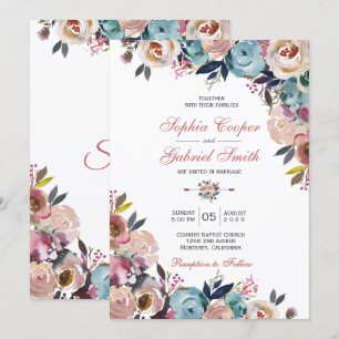 Elegant Dusty Rosa Peach Blue Blommigt Bröllop Inbjudningar
