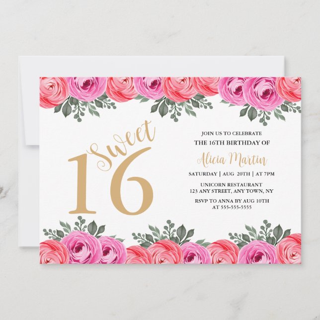 Elegant Dusty Rosa ros Flora Guld Sweet 16 Inbjudningar (Framsida)