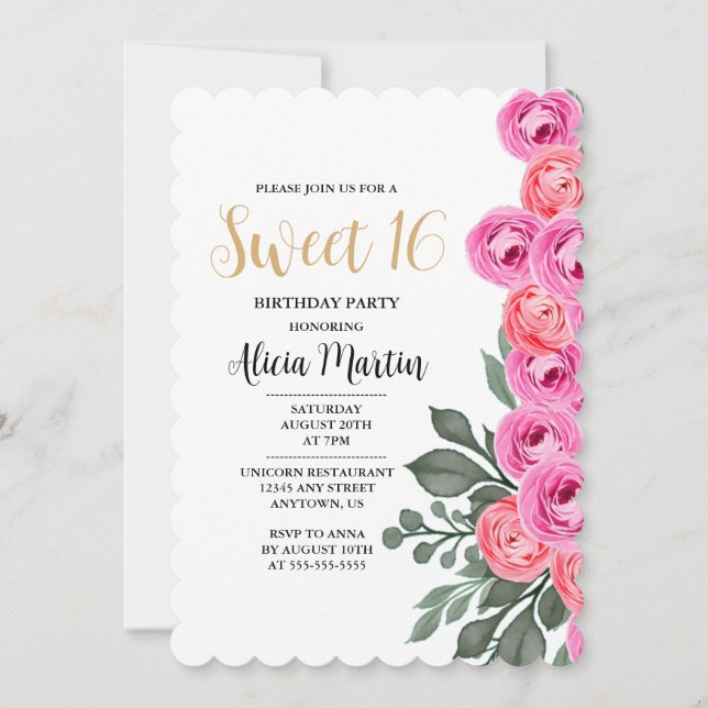Elegant Dusty Rosa ros Guld Sweet 16 Birthday Inbjudningar (Framsida)