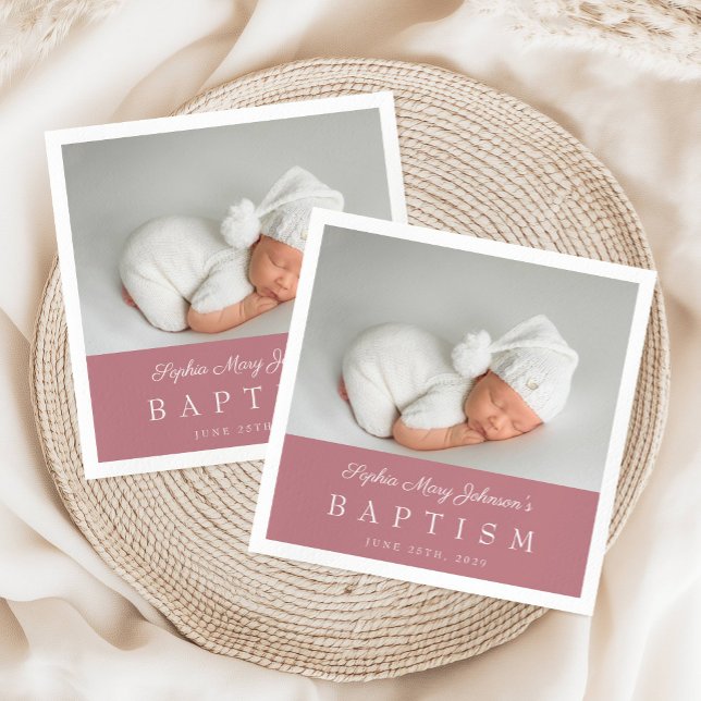 Elegant Dusty Rosa Script Photo Baptism Pappersservett (Elegant Dusty Pink Script Photo Baptism Napkins)