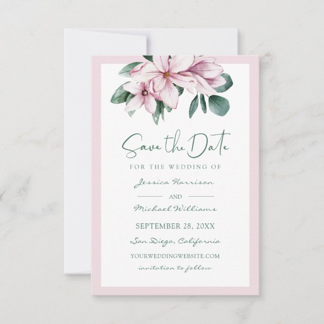 Elegant Dusty Rosa Watercolor Blommigt Eucalyptus Spara Datumet (Framsida)