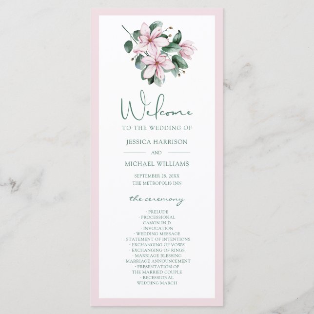 Elegant Dusty Rosa Watercolor Magnolia Bröllop Program (Framsida)