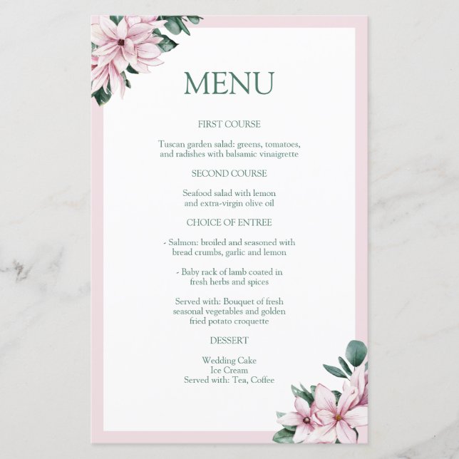 Elegant Dusty Rosa Watercolor Magnolia Menu (Framsida)