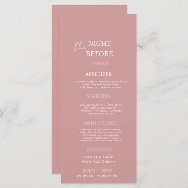 Elegant Dusty Rosa White Rehearsal Dinner Bröllop Meny (Fram/baksida)