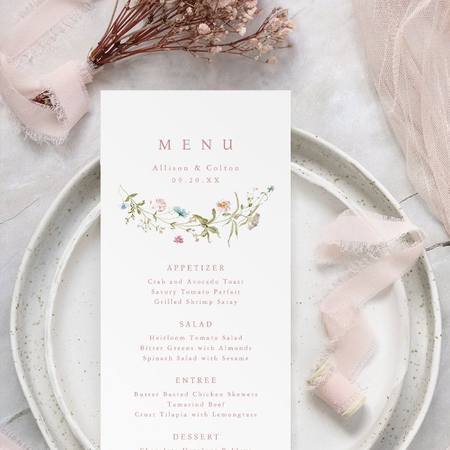 Elegant Dusty Rosa Wildblomma Rustic Boho Bröllop Meny (Elegant Dusty Pink Wildflower Rustic Boho Wedding Menu)