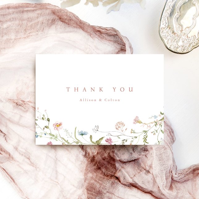 Elegant Dusty Rosa Wildblomma Rustic Boho Bröllop Tack Kort (Elegant Dusty Pink Wildflower Rustic Boho Wedding Thank You Card)
