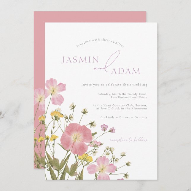 Elegant Dusty Rosa Wildblommor Bröllop Inbjudningar (Fram/baksida)