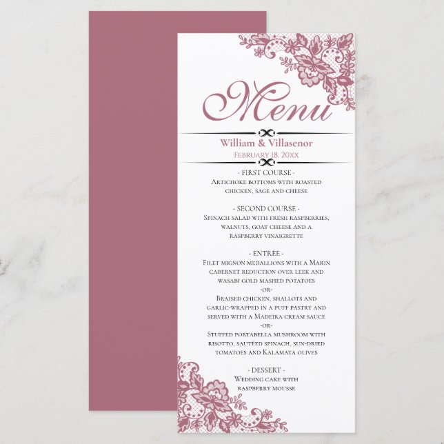 Elegant Dusty Rose på White Wedding Menu Meny (Fram/baksida)