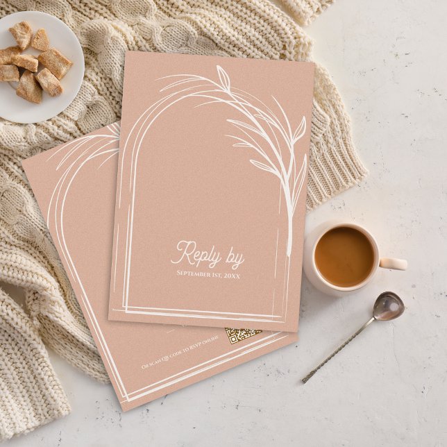 Elegant Dusty Rose With QR Code Wedding Reply By OSA Kort (Dusty Rose Minimalist Arch Botanical Wedding RSVP Card with QR Code | Romantic Wedding Reply Card)