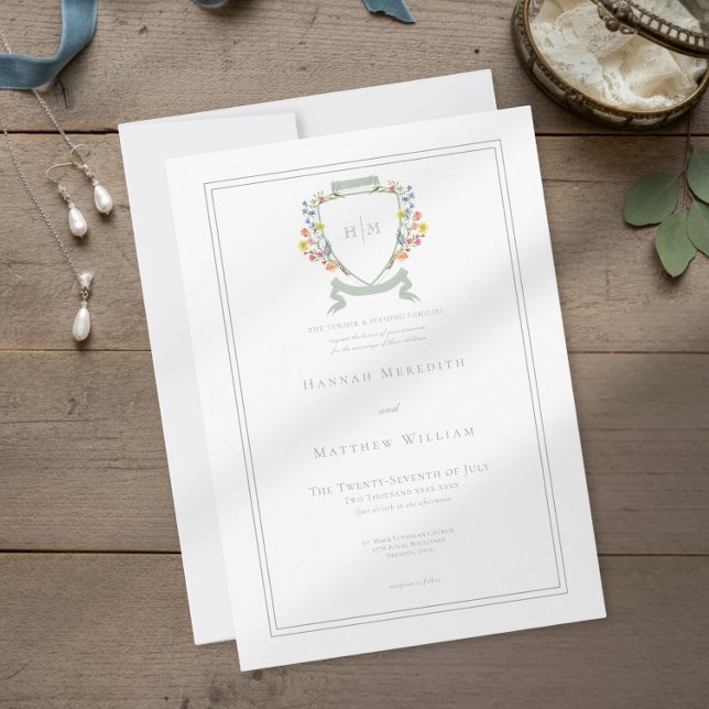 Elegant Dusty Sage Pastel Wildflower Crest Wedding Inbjudningar (Skapare uppladdad)