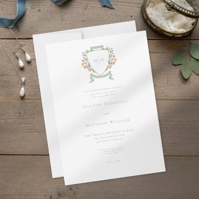 Elegant Dusty Sage Pastel Wildflower Crest Wedding Inbjudningar (Skapare uppladdad)