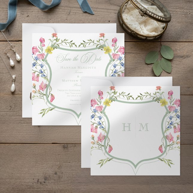 Elegant Dusty Sage Pastel Wildflower Crest Wedding Spara Datumet (Skapare uppladdad)