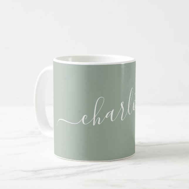 Elegant Dusty Sage Script Modern Name Personalized Kaffemugg (Framsida vänster)