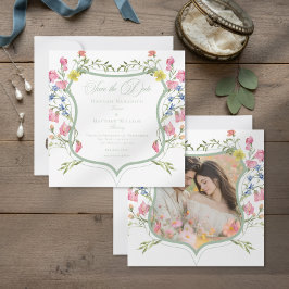 Elegant Dusty Sage Wildflower Crest Photo Wedding Spara Datumet