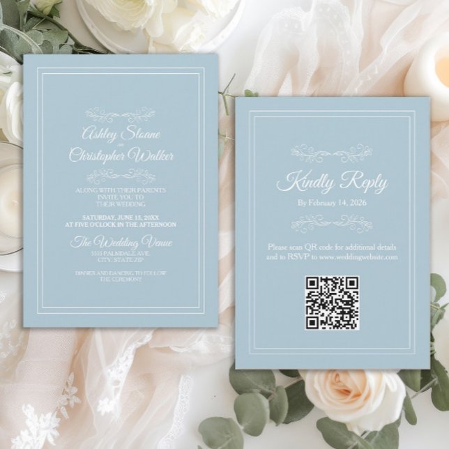 Elegant Dusty Sky Blue White QR code Wedding Inbjudningar (Elegant dusty blue QR code wedding invitation)