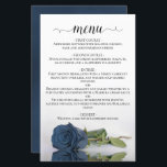 Elegant Dusty Steel Blue Ro Budget Bröllop Menu<br><div class="desc">Dessa vackra bröllop-menyer är enkla, eleganter och snyggtar, samtidigt som de fortfarande är budgetvänliga och prisvärda. De har en klassmässig och glamorös utformning med en manusgrafititel och en enda dammig stålblå färgad ro som reflekterar i bassäng i vatten med vinkara och krusande föremål. Baksidan är ett vackert, marmorerat stålblått grått...</div>