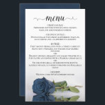 Elegant Dusty Steel Blue Ro Budget Bröllop Menu<br><div class="desc">Dessa vackra bröllop-menyer är enkla, eleganter och snyggtar, samtidigt som de fortfarande är budgetvänliga och prisvärda. De har en klassmässig och glamorös utformning med en manusgrafititel och en enda dammig stålblå färgad ro som reflekterar i bassäng i vatten med vinkara och krusande föremål. Baksidan är ett vackert, marmorerat stålblått grått...</div>