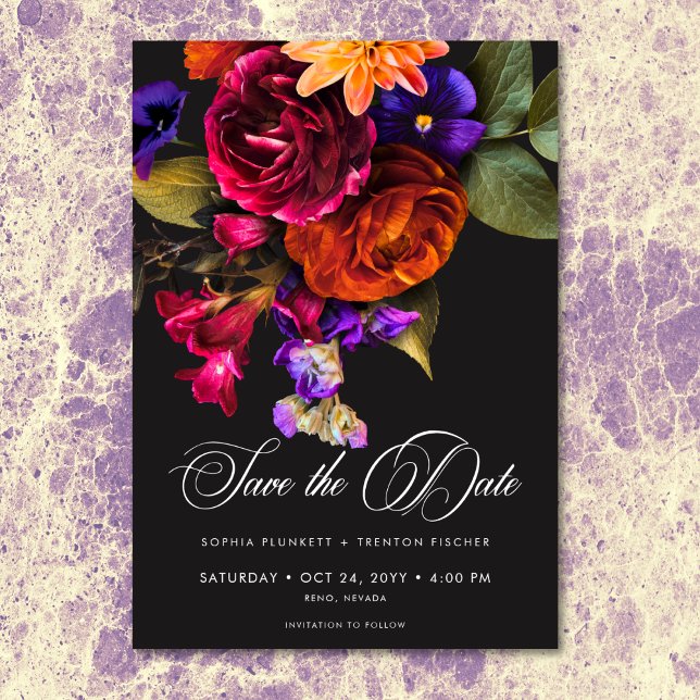 Elegant Dyster Livlig Höst Blommig Bröllop Spara Datumet (Elegant Moody Vibrant Harvest Floral Wedding Save The Date)