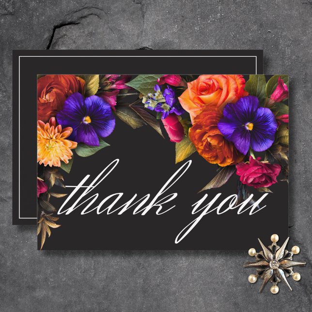 Elegant Dyster Livlig Höst Blommig Bröllop Tack Kort (Elegant Moody Vibrant Harvest Floral Wedding Thank You Card)