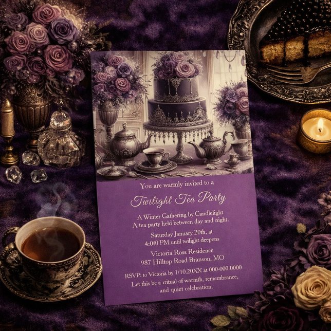Elegant dyster tebjudningsinbjudan inbjudningar (Elegant Twilight Tea Party Invitation moody velvet, candlelight, and vintage charm for winter tea)