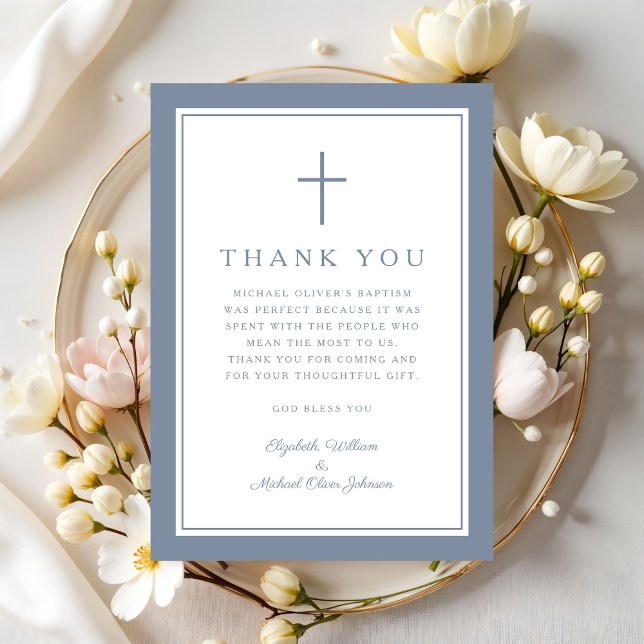 Elegant Dysty Blue Religious Cross Baptism Tack Kort (Elegant Dysty Blue Religious Cross Baptism Thank You Card)