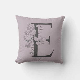 Elegant E Boho Blommigt Monogram Initial Lilac Grå Kudde