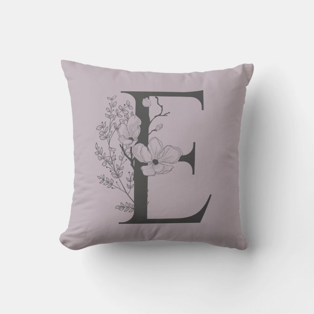 Elegant E Boho Blommigt Monogram Initial Lilac Grå Kudde (Framsida)
