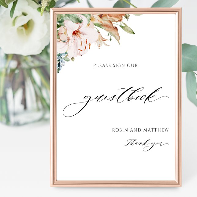 Elegant Earthy Blooms Bröllop Guestbook-tecken Poster (Skapare uppladdad)